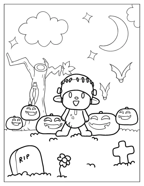 Pocoyo je obklopený halloweenskými dýněmi a netopýry.
