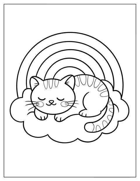 En gullig katt sover på ett moln under en regnbåge.