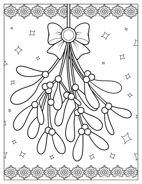 Decorative Mistletoe Coloring Page with Bow and Star Accents for Kids