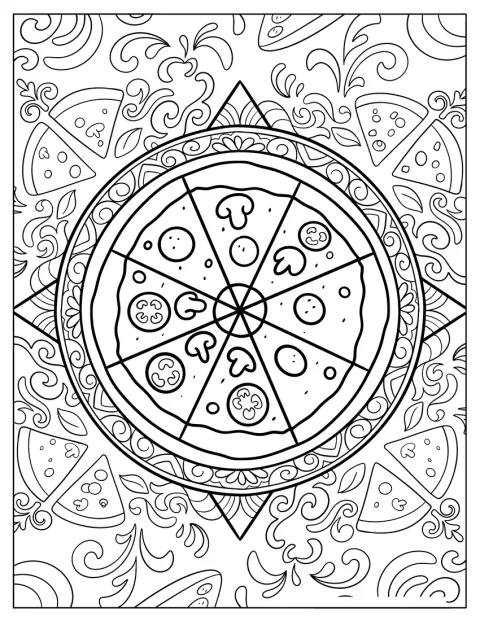 Tasty Pizza Coloring Page Inside a Mandala Surrounded by Pizza Slices