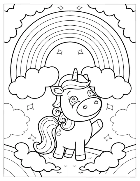 Suloinen yksisarvinen seisoo sateenkaaren alla.