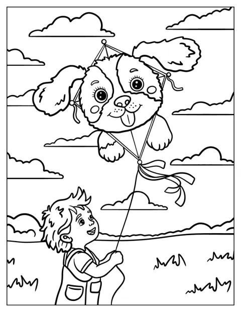 En liten gutt holder snora mens en drage formet som en hund flyr.