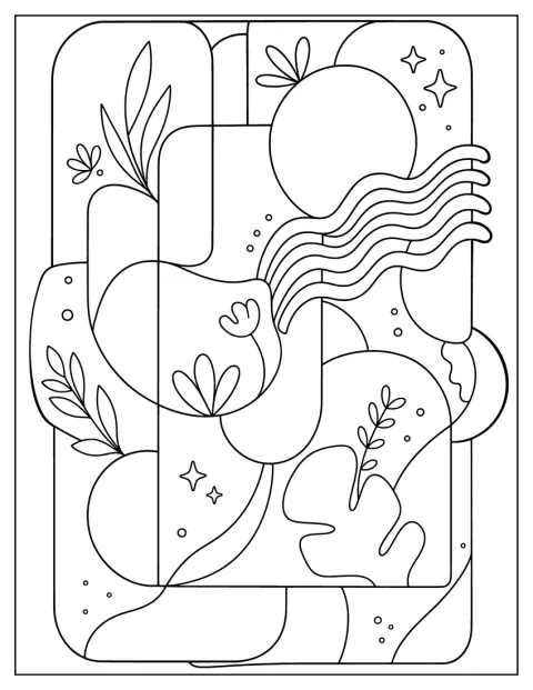 Flores e ondas surgem entre formas geométricas numa composição abstrata.