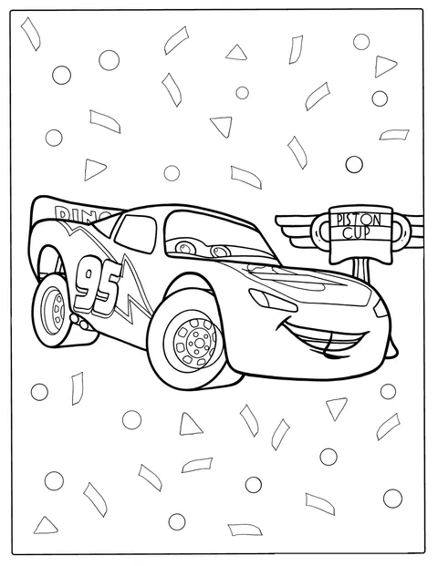 Neben Lightning McQueen ist der Piston-Cup-Pokal abgebildet.