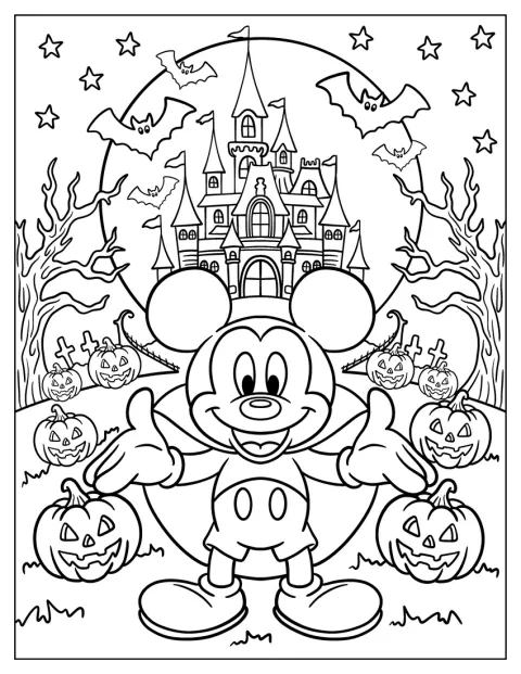 Mickey se tient devant un château hanté entouré de citrouilles-lanternes.
