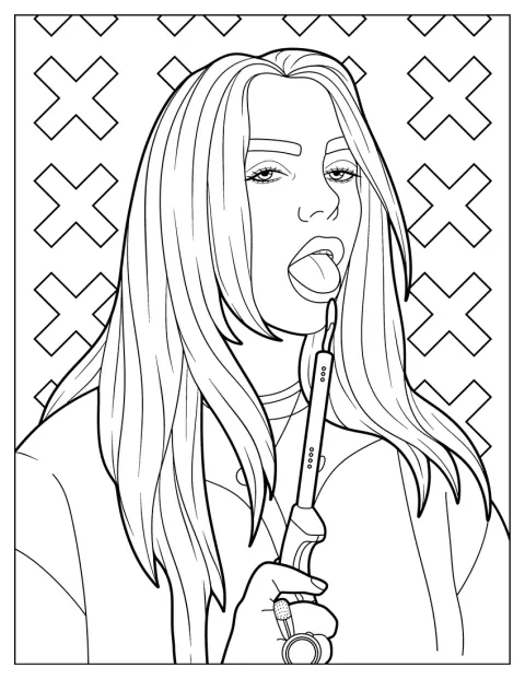 Billie Eilish hält eine brennende Fackel an ihre Zunge.