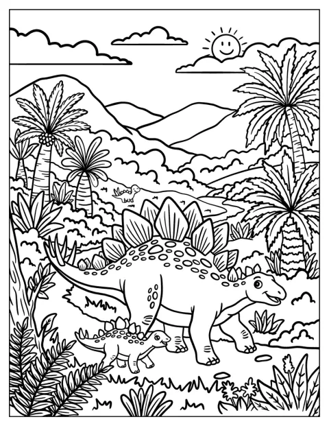 Dospělí Stegosauři provázejí mládě tropickou džunglí.