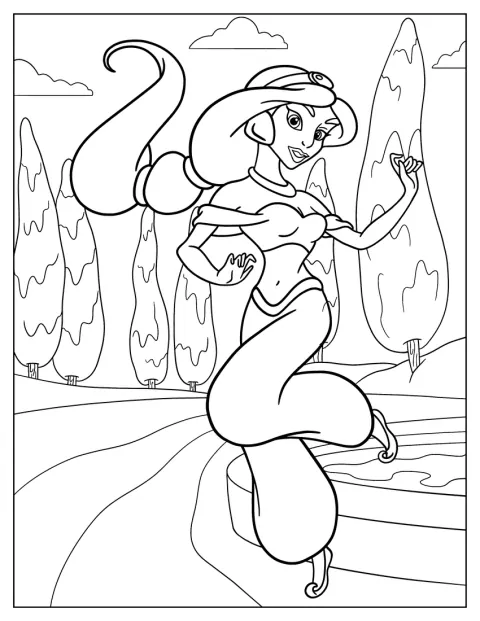 La princesse Jasmine danse dans une pose gracieuse.