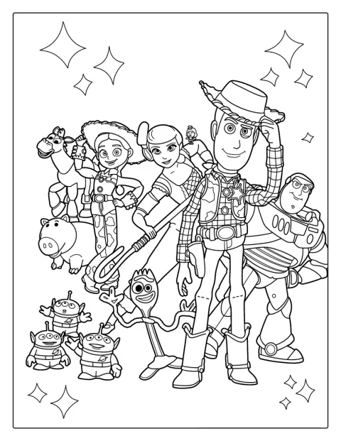 Kända karaktärer från Toy Story står tillsammans.