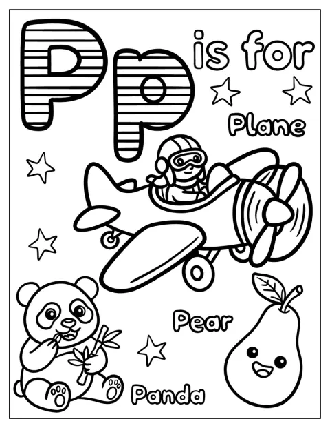 Un avión, un panda y una pera aparecen junto a la letra P.