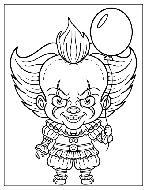 Pennywise, desenat în stil chibi, ține un balon și pare înfricoșător.