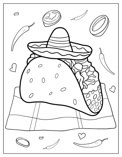 Un sombrero mexicano descansa sobre un taco con muchos detalles.