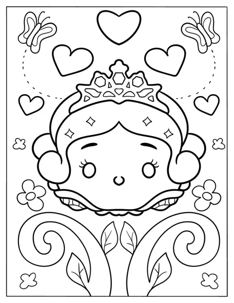 Schneewittchen als Tsum Tsum ist von Blumen und Schmetterlingen umgeben.