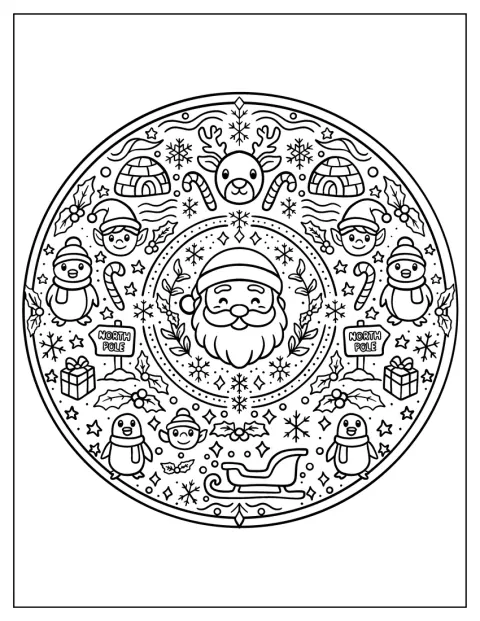 Pai Natal, pinguins e renas compõem uma mandala de Natal.