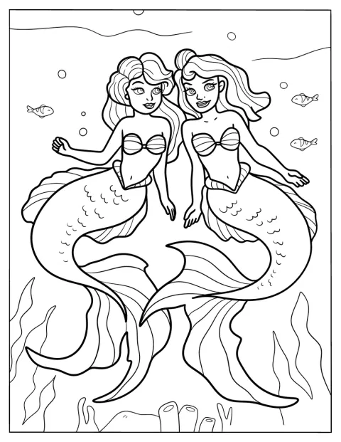Due sirene nuotano insieme tra le onde del mare.