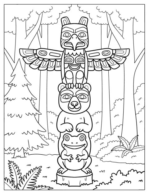 Un stâlp totemic al Primelor Națiuni se află într-o pădure canadiană.