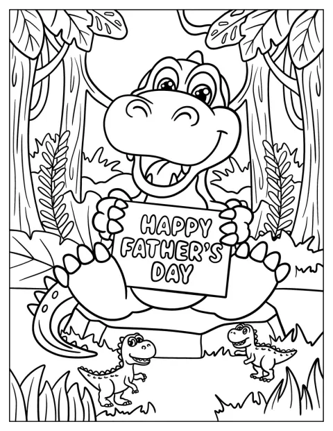 Un adorable dinosaure tient une pancarte souhaitant une bonne fête des Pères.