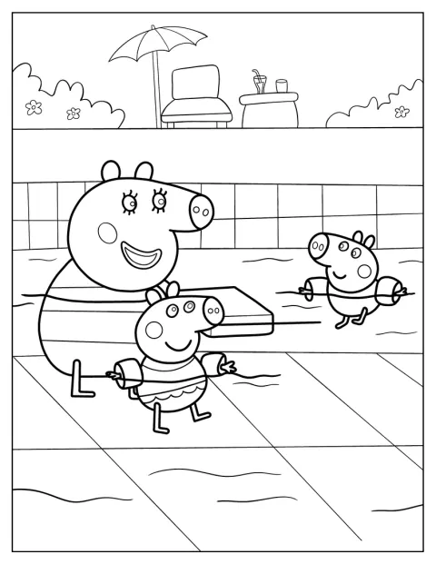 Maman Pig apprend à Peppa Pig et George Pig à nager.