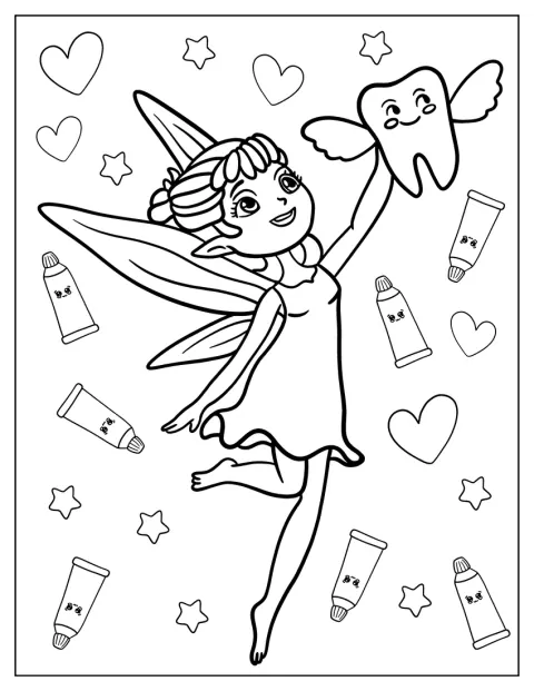 Kawaii-hammaskeiju pitelee hammasta kädessään.