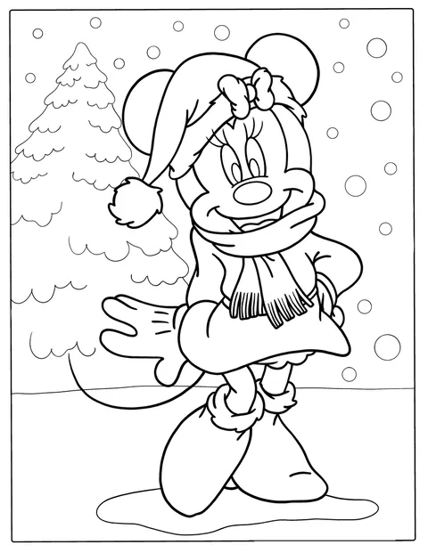 Minnie Mouse porte un bonnet de Noël et se tient dans la neige.