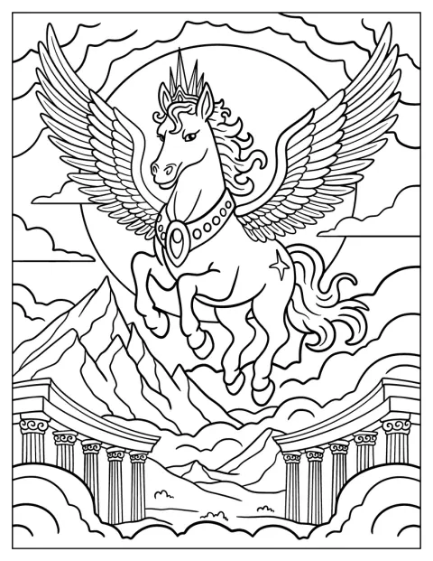 Una princesa Pegaso surca el cielo entre las nubes.