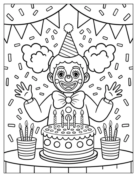 誕生日のピエロの女の子が、大きなケーキのそばにいます。