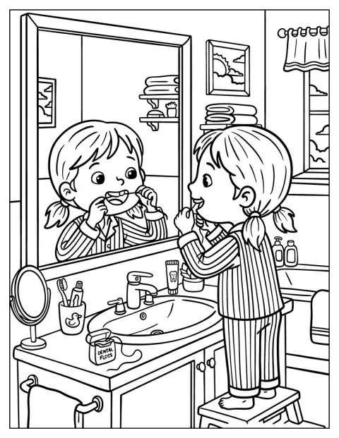 Ante el espejo del baño, un niño se cepilla los dientes.