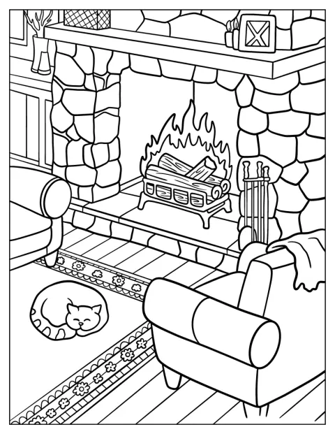 Detailed Stone Fireplace Coloring Page With A Cat Sleeping In Front Of It