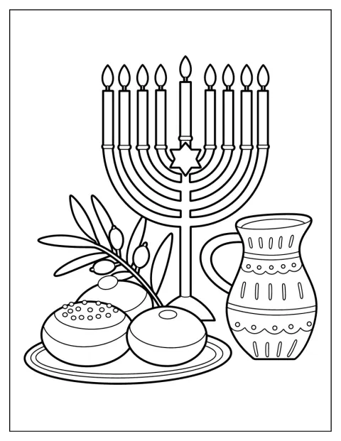 Una menorà semplice è circondata da dolci tipici di Hanukkah.
