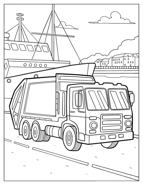 En realistisk skraldebil holder ved havnen.