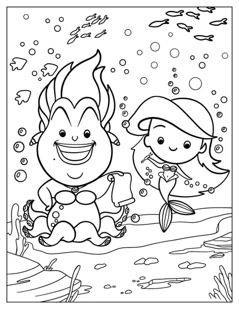 Ursula och Ariel möts bland växter och bubblor under havet.