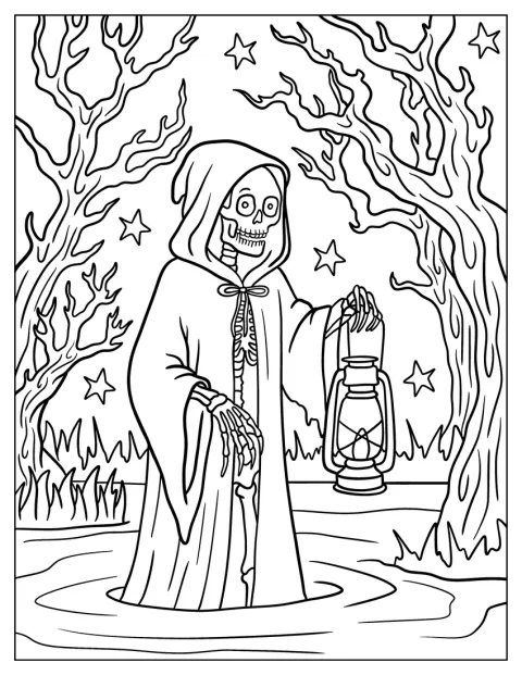 Un schelet cu glugă ține un felinar în mlaștina bântuită.