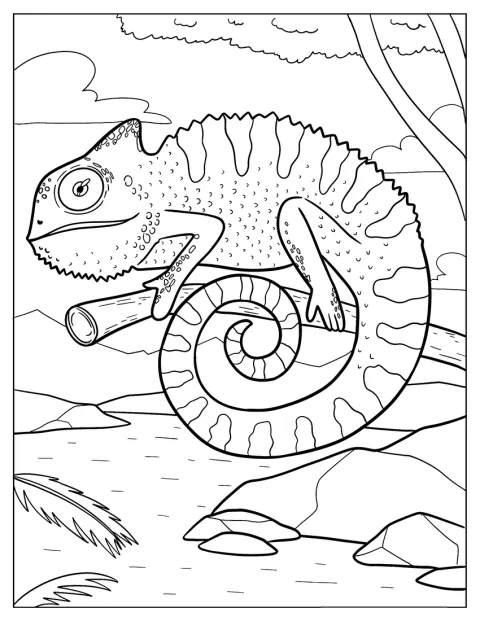 Een kameleon met een getextureerde huid heeft zijn staart opgerold.