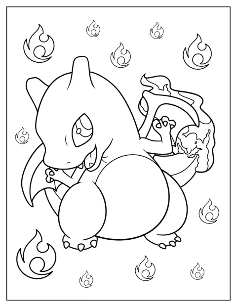 Charizard v chibi podobě pózuje s drobnými křídly.