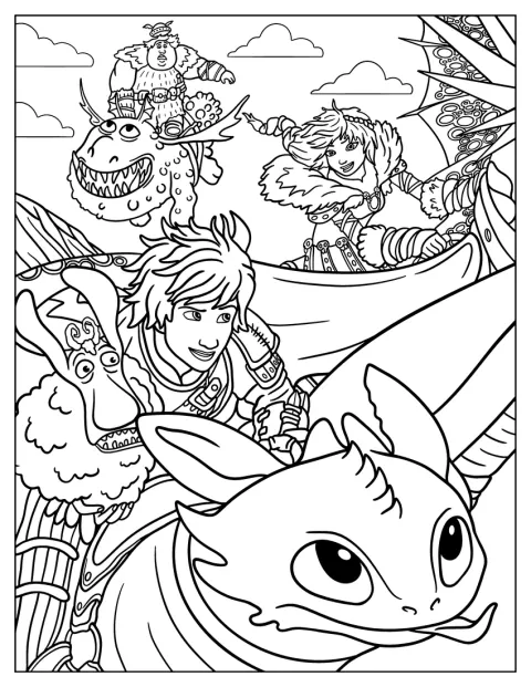 Hipo, Astrid y sus amigos vuelan por el cielo a lomos de dragones.