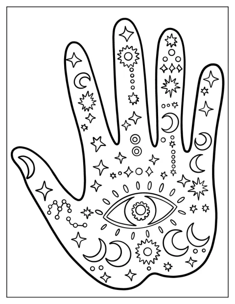 Una mano hamsa está decorada con motivos ornamentales.