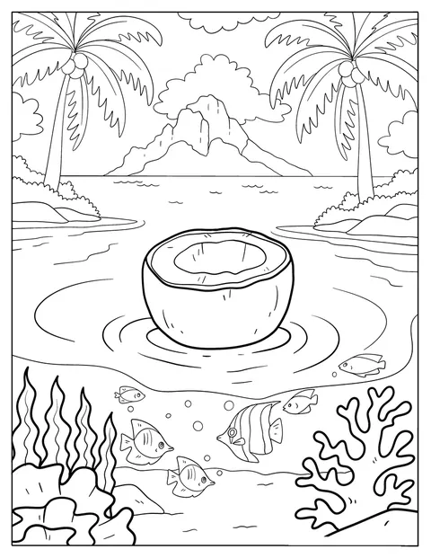 Um coco flutua em mar aberto, com peixes a nadar por baixo.