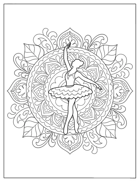 Die Ballerina hält eine Tanzpose inmitten eines floralen Mandalas.