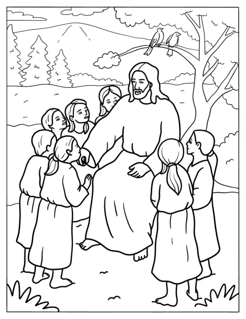 Drenge og piger sidder og lytter til Jesus.