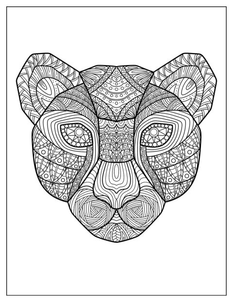 Het gezicht van een cheeta vormt het middelpunt van een sierlijke mandala.