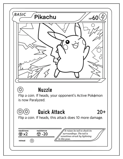 Una carta Pokémon presenta a Pikachu con ilustraciones y detalles.