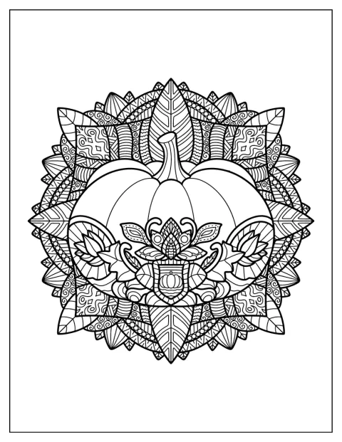 Een gedetailleerde pompoenmandala is omringd door bladeren.