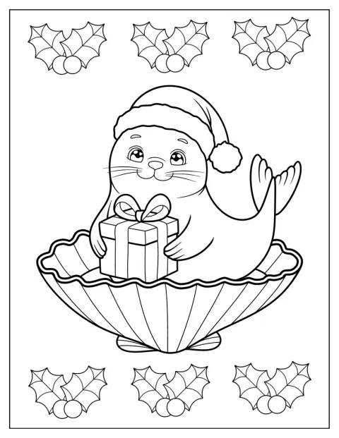 Con un gorro de Papá Noel, una foca sostiene un regalo navideño.