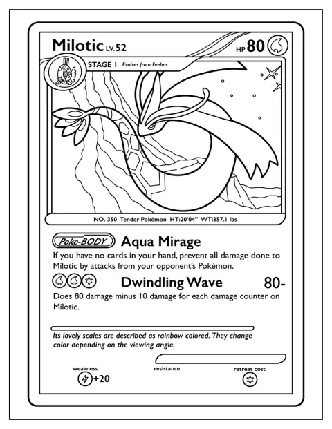 Milotic plutește într-un miraj acvatic pe cartea Pokémon.