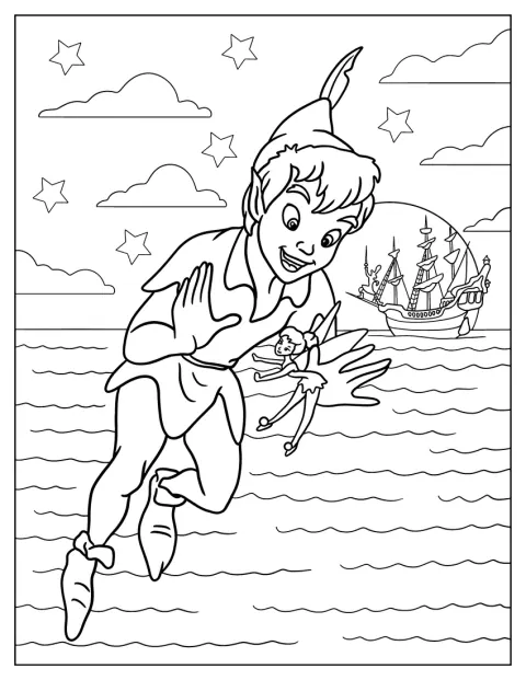 Peter Pan flyver gennem luften sammen med Klokkeblomst.