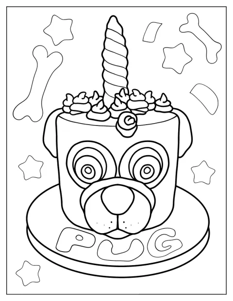 Un tort aniversar este decorat cu un Pug purtând corn de unicorn.