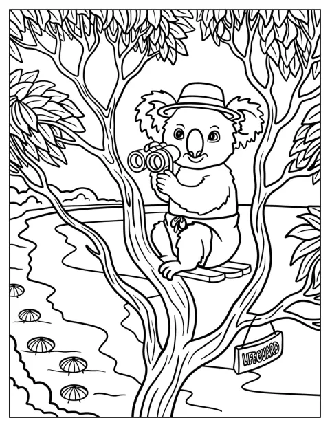 Un koala bagnino osserva il panorama con il binocolo, appollaiato su un albero.