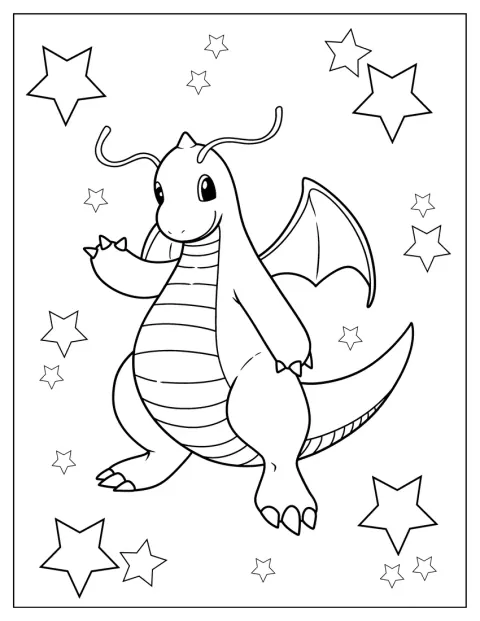Dragonite surge com uma expressão simpática e as asas abertas.