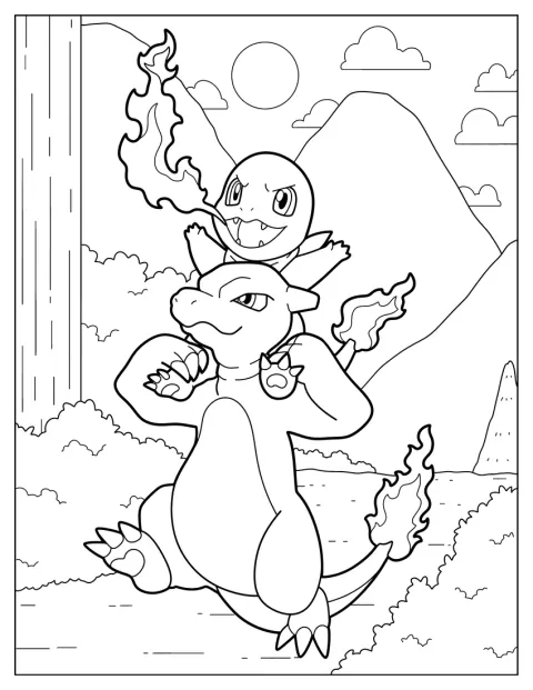 Charmander sitter på skuldrene til Charmeleon.