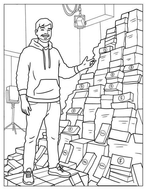 MrBeast stoi obok wysokich stosów pieniędzy.